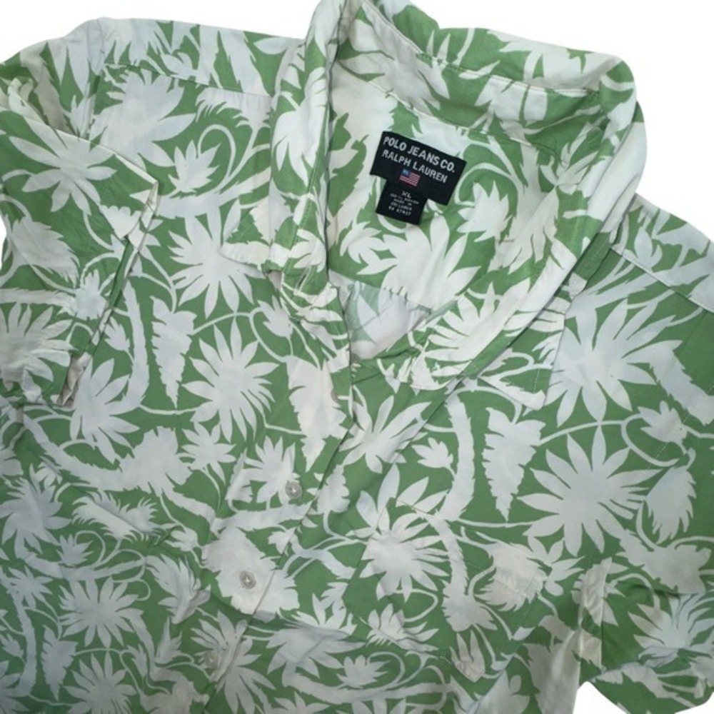 Polo Jeans Co Ralph Lauren Button Down Kids XL Green White Tropical Floral Rayon
